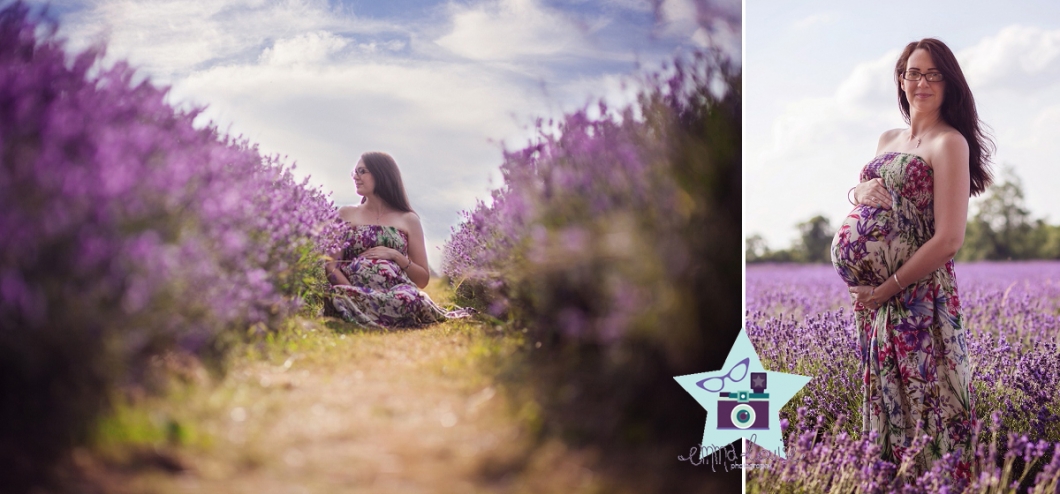 Pregnant Woman poses for maternity portraits in lavender field Surrey