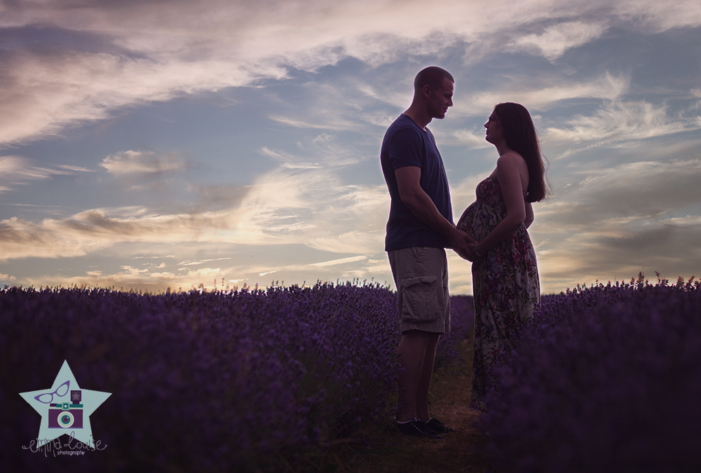 Sunset Portrait of expectant parents in lavender field Banstead Surrey