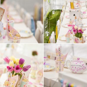 Table decorations at Alice in Wonderland themed kids party photography London